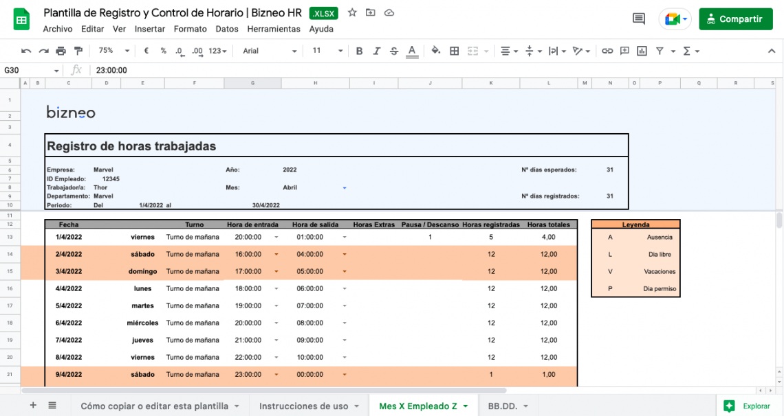 Plantilla De Registro De Jornada Laboral En Excel Gratis